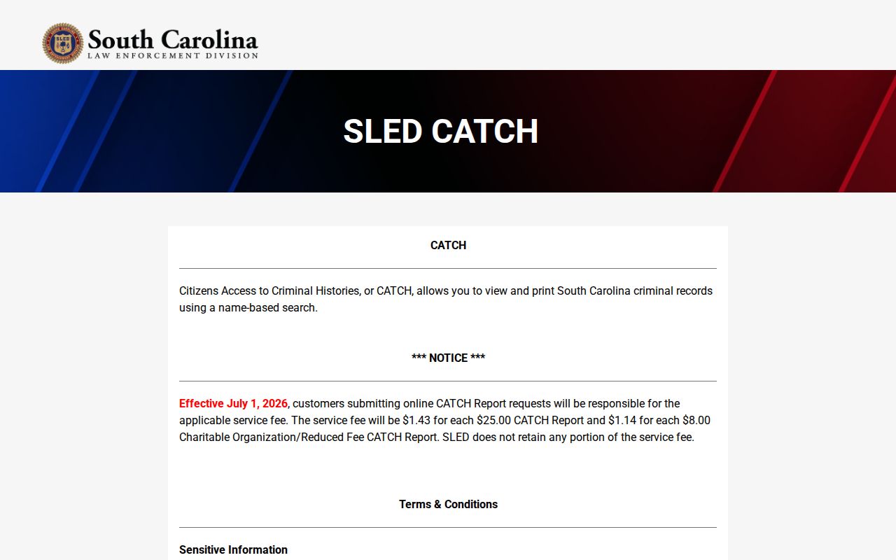 Dorchester County criminal history search through the SLED CATCH portal
