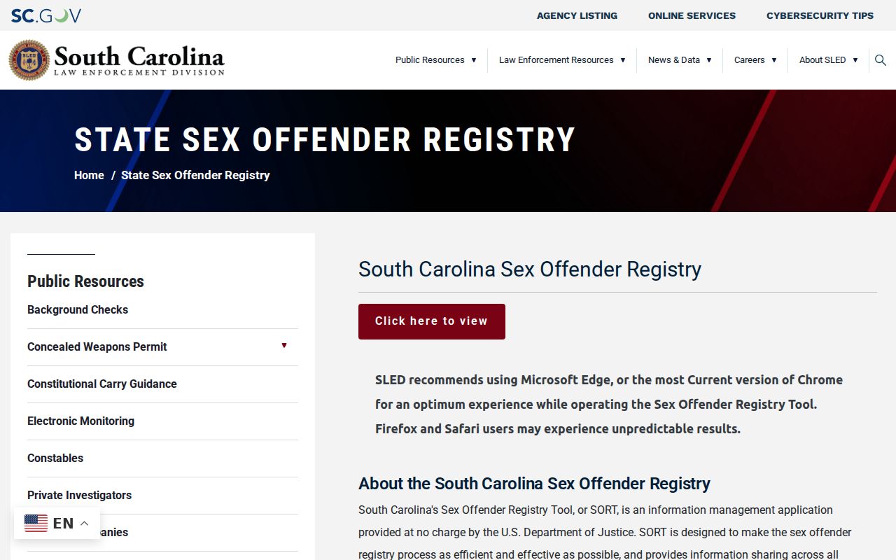 Dorchester County sex offender registry conditions on the SLED entry page