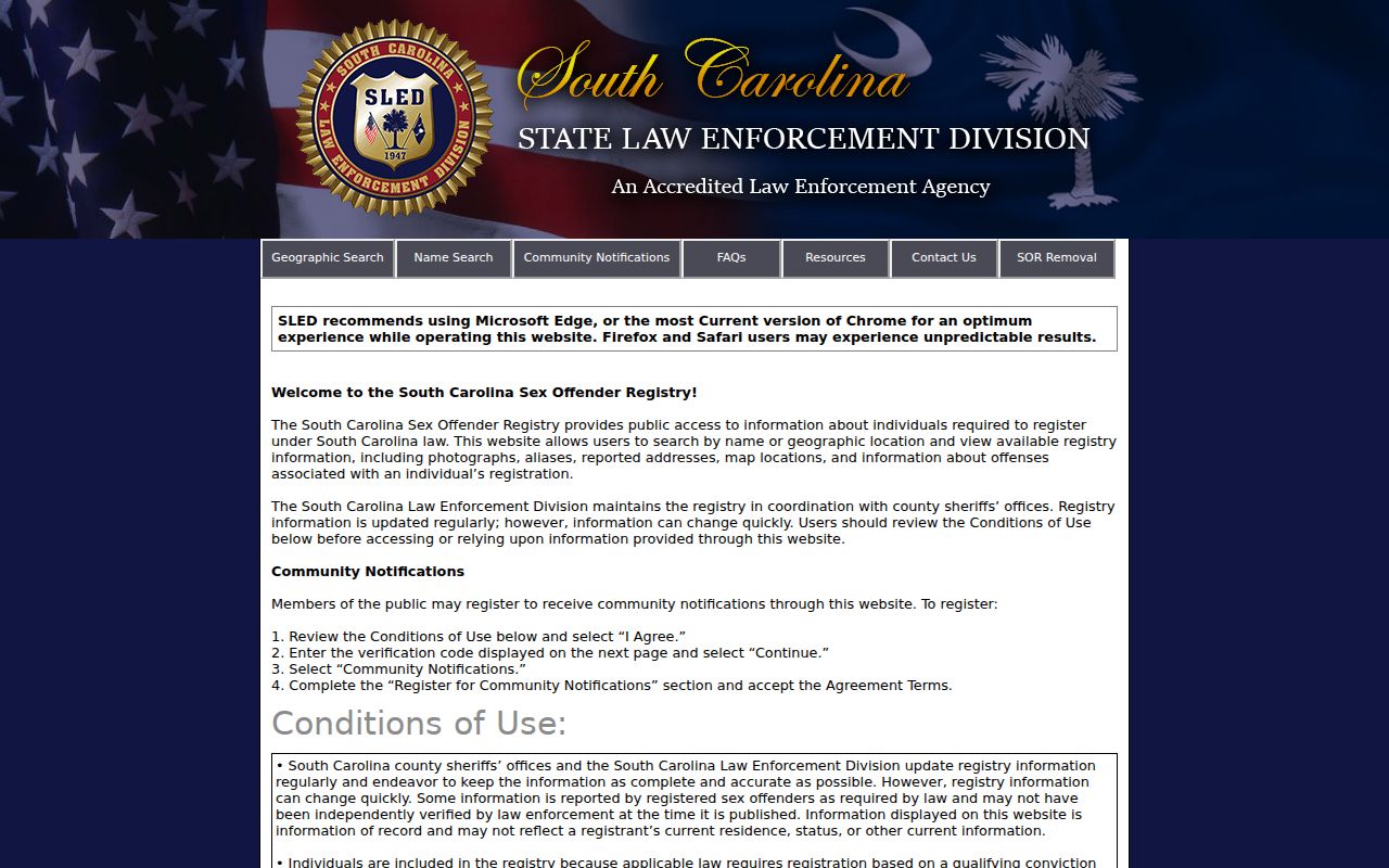 Dorchester County sex offender search interface in South Carolina SORT